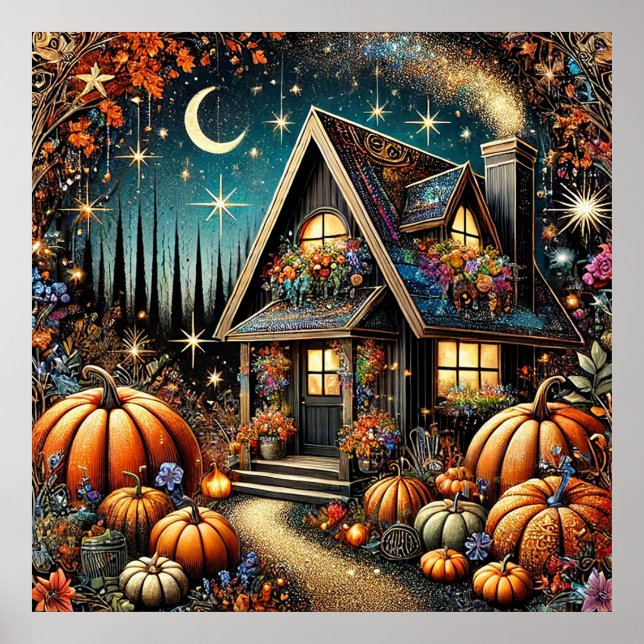 Cozy Cottage With Festive Pumpkins Poster (Front)