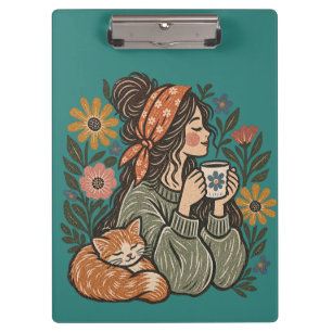 Cozy Cottagecore Cat & Coffee Cute Office Clipboard