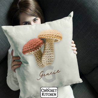 Cozy Cottagecore Crochet Mushroom Monogram Name Throw Pillow