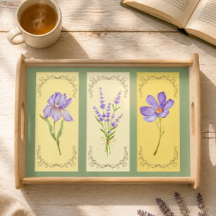 Cozy Cottagecore Sage Green & Yellow Floral Wood Serving Tray