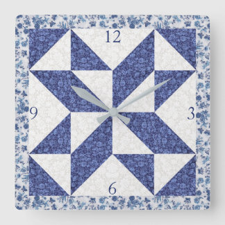 Cozy Country Blue White Calico Faux Quilt Square Square Wall Clock