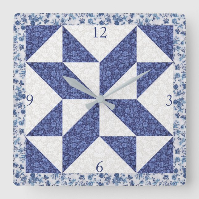 Cozy Country Blue White Calico Faux Quilt Square  Wall Clock (Front)