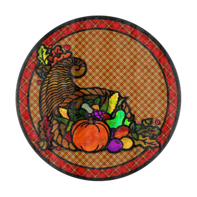 Cozy Country Cornucopia on Plaid Charcuterie Board (Front)