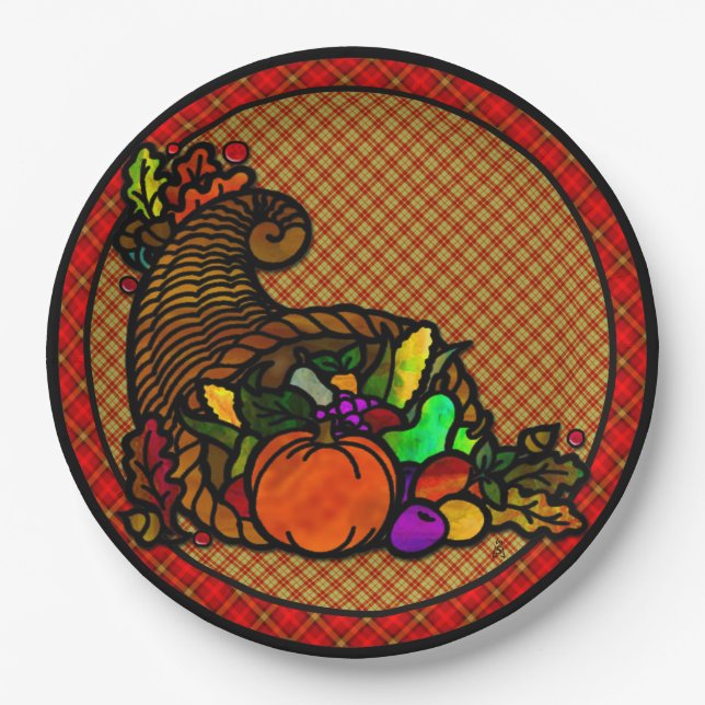 Cozy Country Cornucopia on Plaid Paper Plates (Front)