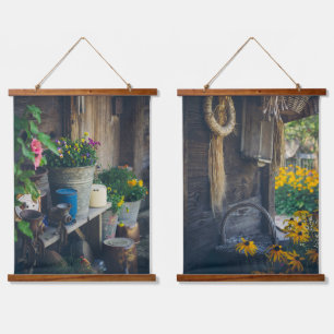 Cozy country cottage porch adorned with flowers hanging tapestry