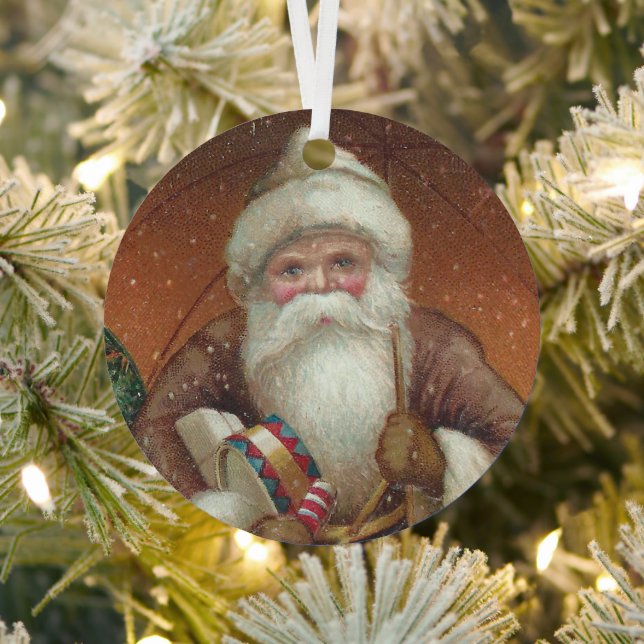 Cozy Country Retro Santa Claus rustic brown Metal Ornament (Insitu)