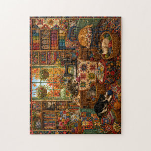 Cozy Craft Room Cats Watercolor Jigsaw Puzzle Qu