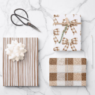 Cozy Cream Cocoa Brown Stripes Bows Christmas Wrapping Paper Sheets