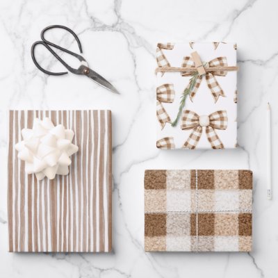 Cozy Cream Cocoa Brown Stripes Bows Christmas Wrapping Paper Sheets