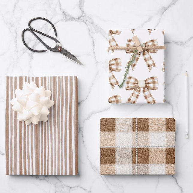 Cozy Cream Cocoa Brown Stripes Bows Christmas Wrapping Paper Sheets (Front)