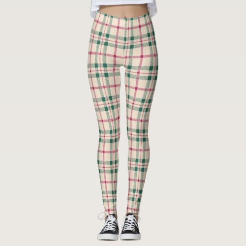 Cozy Cream Tartan Plaid Pink  Green Checks Leggings