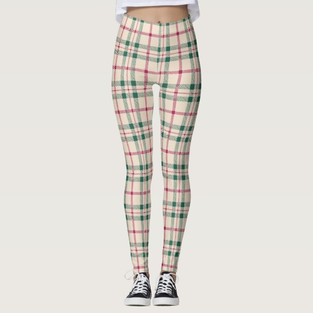 Cozy Cream Tartan Plaid Pink & Green Checks Leggings (Front)
