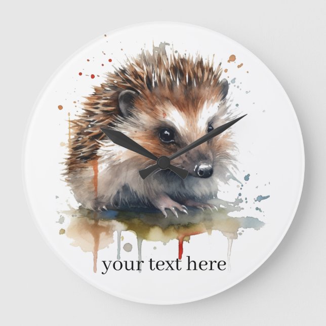  Cozy Critter: Hedgehog in Watercolor, custom Large Clock (Front)