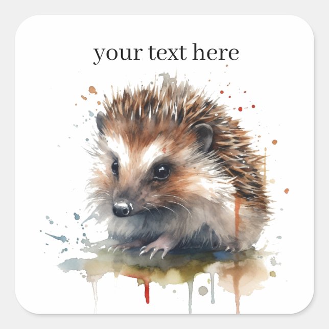 Cozy Critter: Hedgehog in Watercolor, custom Square Sticker (Front)