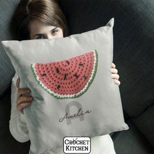 Cozy Crochet Watermelon Fruit Aesthetic Monogram Throw Pillow