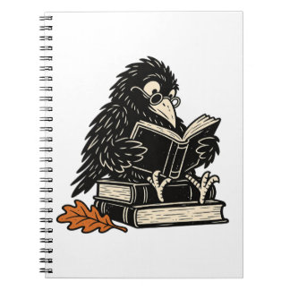 Cozy Crow Reading on Stacked Books Notebook