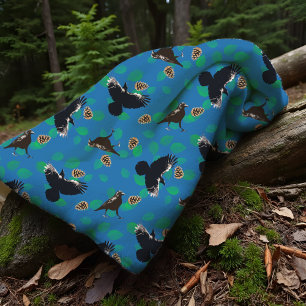 Cozy Crows In Flight Woodland Forest Blue Pinecone Fleece Blanket