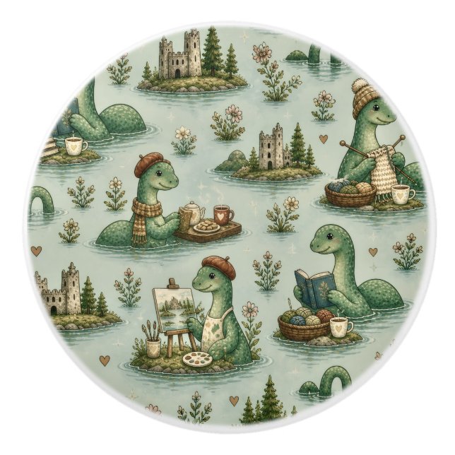 Cozy Cryptids Nessie Loch Ness Monster hobbies  Ceramic Knob (Front)