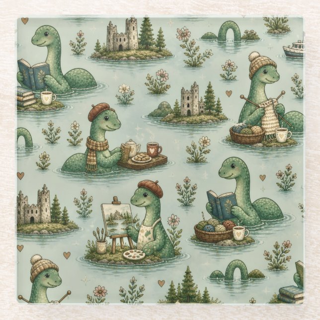 Cozy Cryptids Nessie Loch Ness Monster hobbies  Glass Coaster (Front)