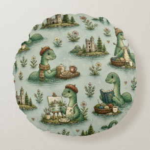 Cozy Cryptids Nessie Loch Ness Monster hobbies Round Pillow