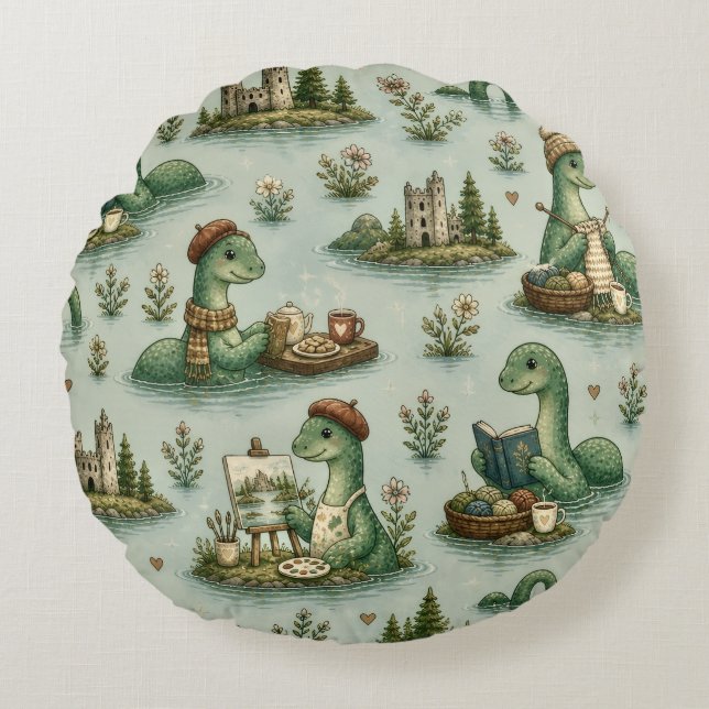 Cozy Cryptids Nessie Loch Ness Monster hobbies  Round Pillow (Front)