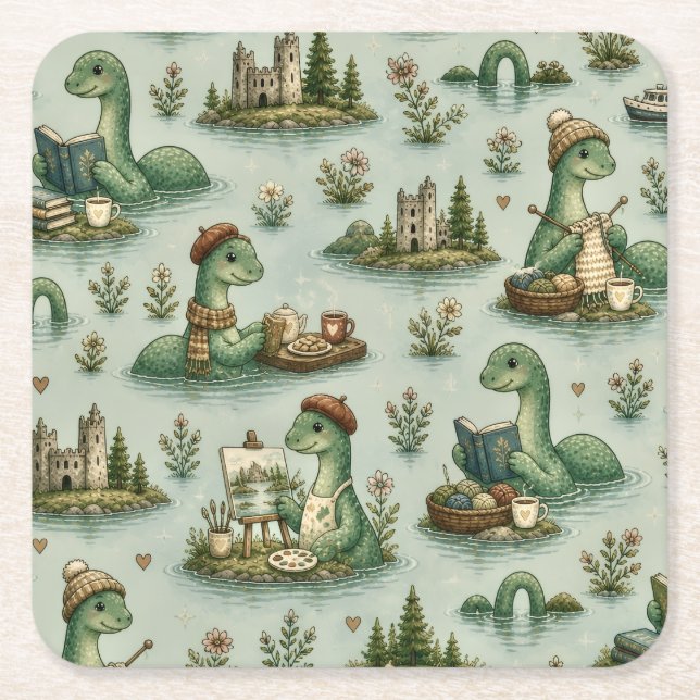 Cozy Cryptids Nessie Loch Ness Monster hobbies  Square Paper Coaster (Front)