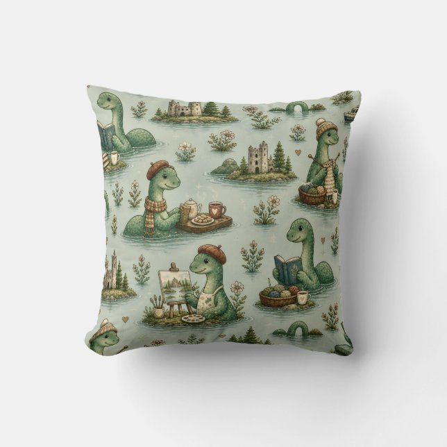 Cozy Cryptids Nessie Loch Ness Monster hobbies  Throw Pillow (Front)