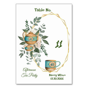 Cozy Cup Teapot Greenery Afternoon High Tea Party Table Number