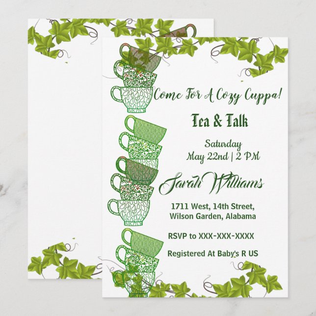 Cozy Cuppa Green Tea Cups Afternoon Tea Party Invitation (Front/Back)