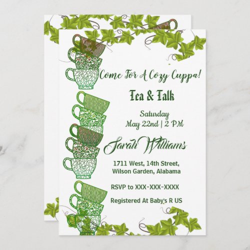 Cozy Cuppa Green Tea Cups Afternoon Tea Party Invitation