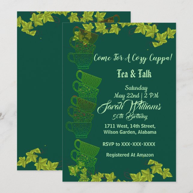 Cozy Cuppa Green Teacups Afternoon Tea 50 Birthday Invitation (Front/Back)