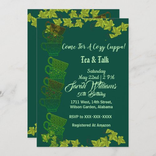 Cozy Cuppa Green Teacups Afternoon Tea 50 Birthday Invitation