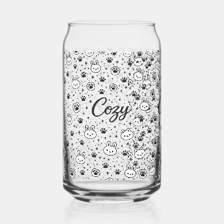 Cozy Cute Bunny and Cat Paw Pattern Can Glass