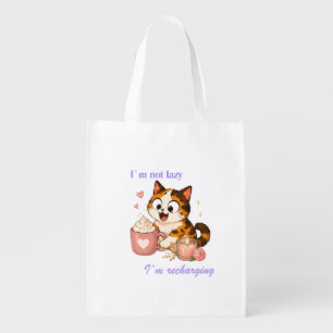 Cozy Cute Calico Cat Coffee - I'm not lazy Grocery Bag