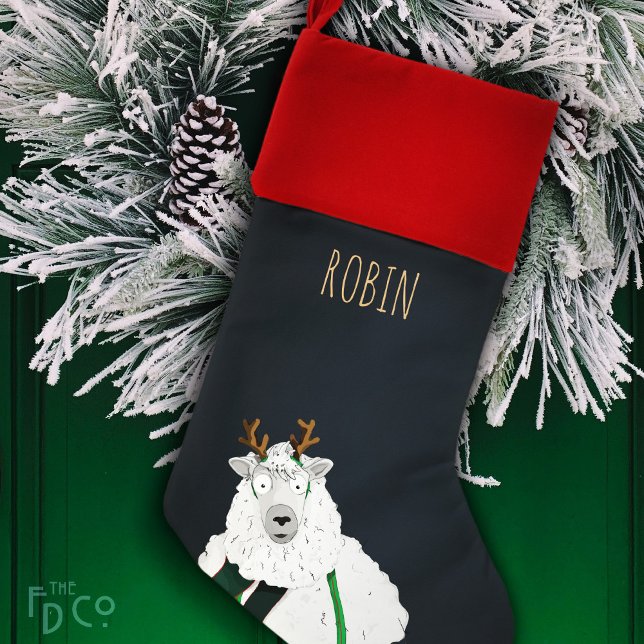 Cozy Cute Funny Reindeer Sheep | Dark Blue Christmas Stocking (Creator Uploaded)