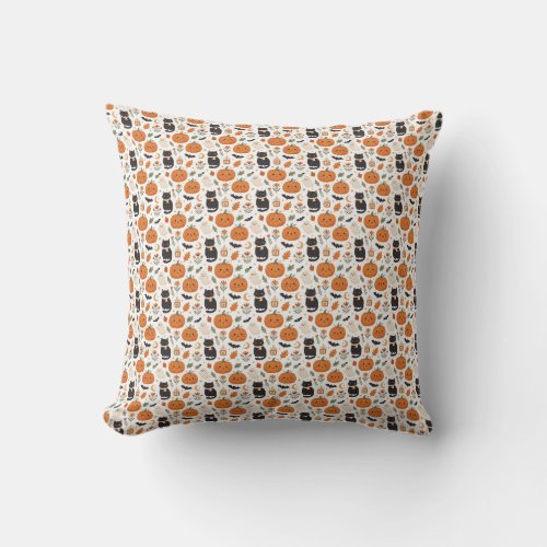 Cozy Cute Halloween Cat Pumpkin Seamless Pattern T Throw Pillow
