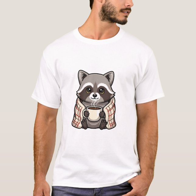 Cozy Cute Raccoon Wrapped in Plaid Blanket T-Shirt (Front)