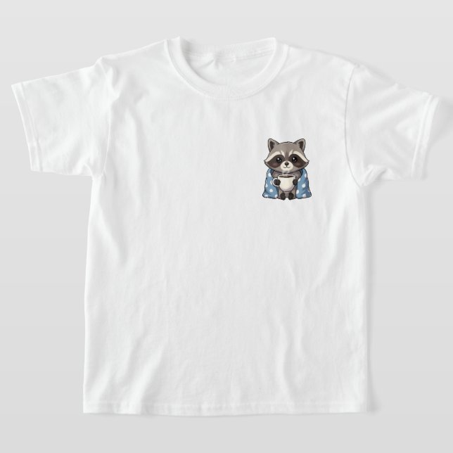 Cozy Cute Raccoon Wrapped in Polka Dot Blanket T-Shirt (Laydown)