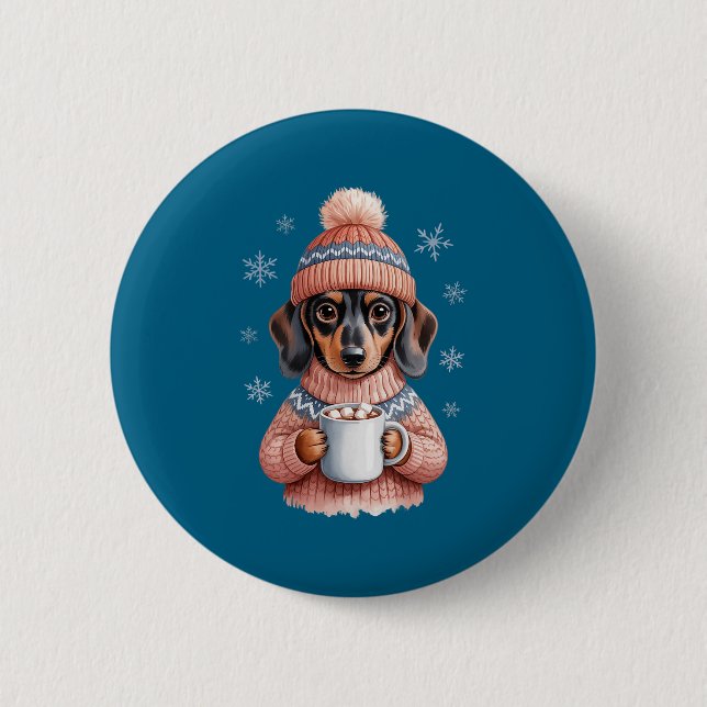 Cozy Dachshund Dog With Hot Cocoa Holiday Winter S Button (Front)