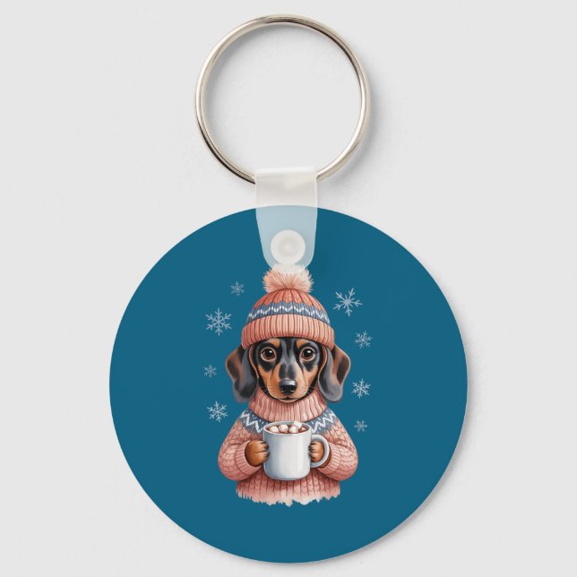Cozy Dachshund Dog With Hot Cocoa Holiday Winter S Keychain (Front)