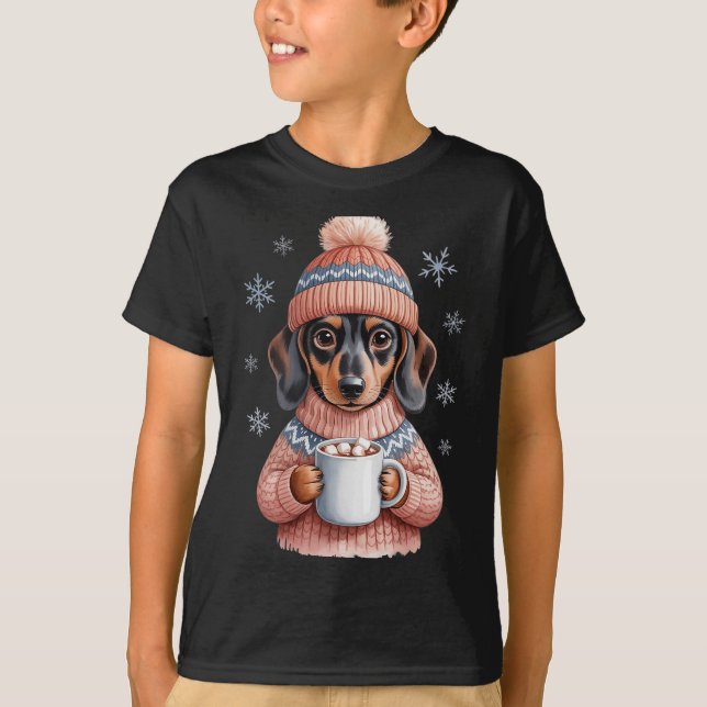 Cozy Dachshund Dog With Hot Cocoa Holiday Winter S T-Shirt (Front)