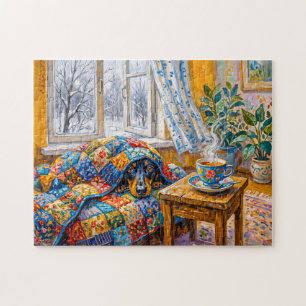 Cozy Dachshund Resting on Patchwork Winter Blanket Jigsaw Puzzle