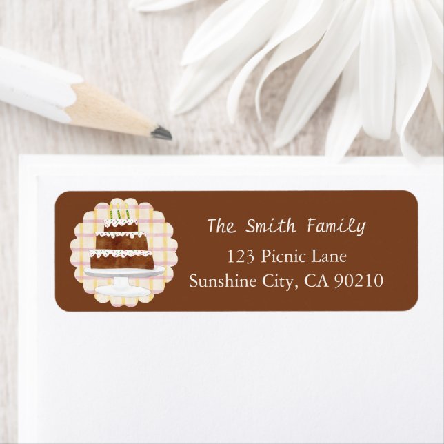 Cozy Dark Cocoa Brown Plaid Cake Return Address  Label (Insitu)
