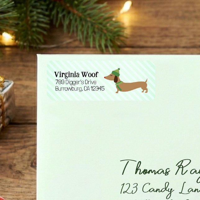 Cozy Doxie Christmas Card Address Labels  (Wiener dog winter Christmas card return address labels)