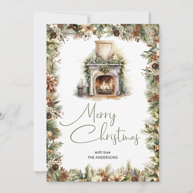 Cozy earth's natural hues Christmas fireplace Holiday Card (Front)
