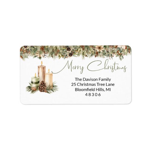 Cozy earthy colors Christmas candles and holly Label