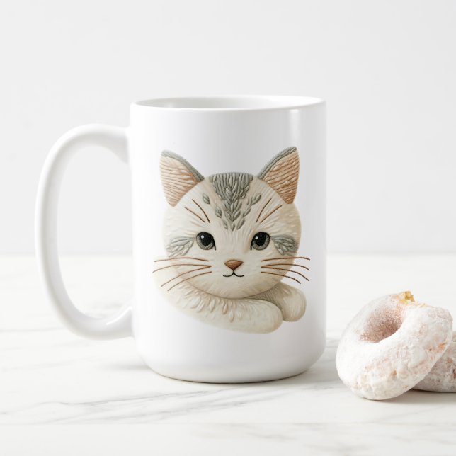Cozy Embroidered Kitty Coffee Cup for Cat Lovers (With Donut)