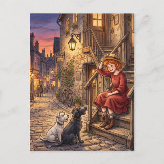 Cozy Evening Girl and Dogs | Vintage Street Postcard