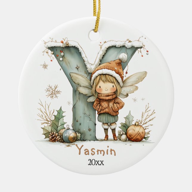Cozy Fairy Christmas Initial Personalized Holiday  Ceramic Ornament (Front)