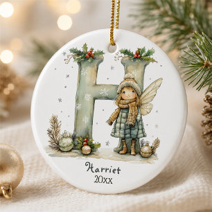 Cozy Fairy Christmas Initial Personalized Holiday  Ceramic Ornament